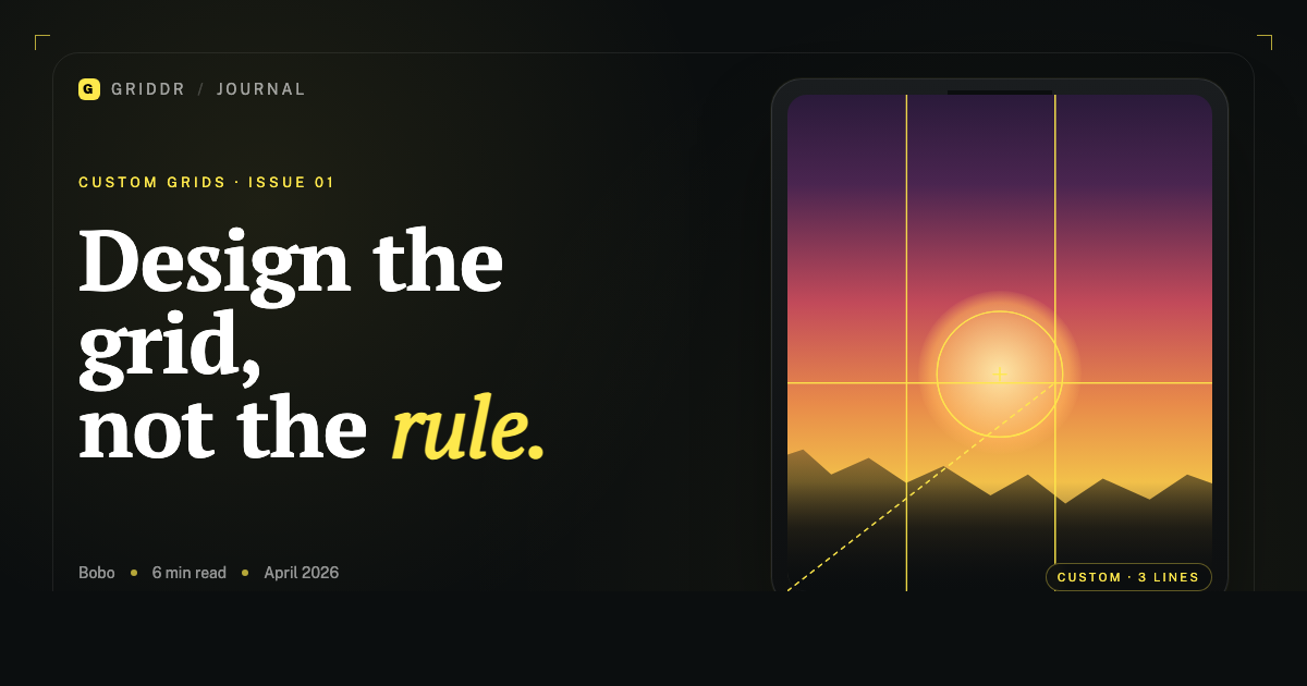 An iPhone screen showing a custom grid overlay being drawn on top of a reference photo.
